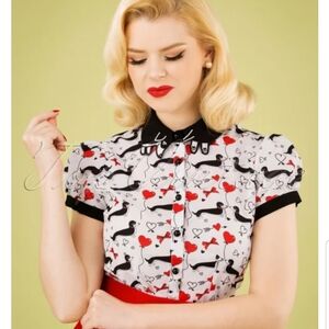 Hell Bunny Black, Red and White Dauschaund Sausage Dog Blouse SIZE M